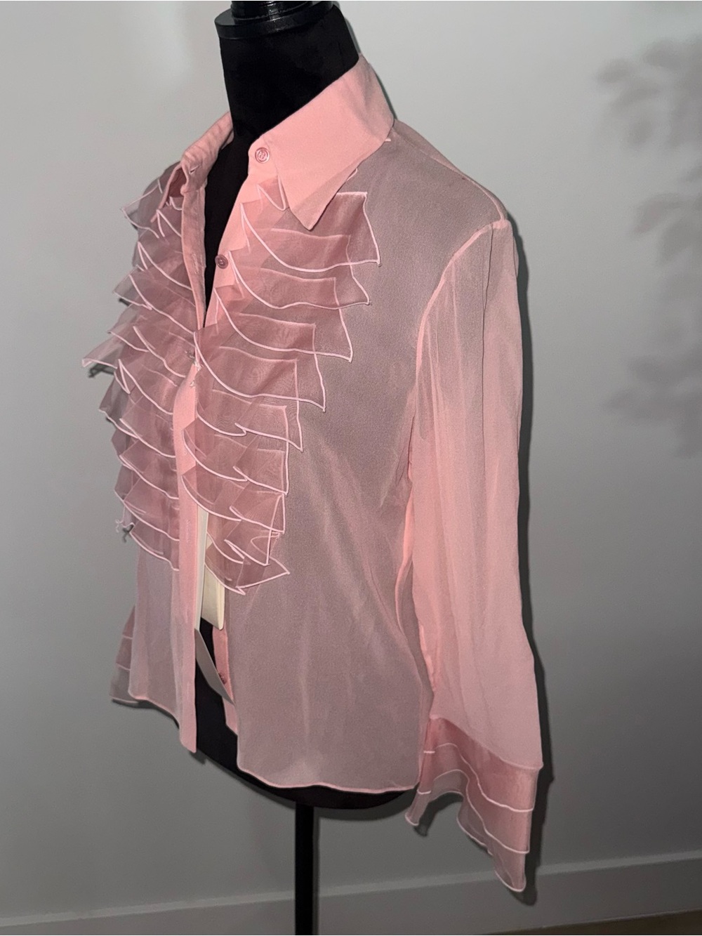 Valentino Pink Silk Chiffon Sheer Ruffle Button-Up Blouse Long Sleeve 12 - Picture 4 of 7